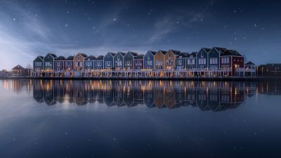 Colorful, Lakeside, House, Rainbow, Stars in sky, Evening sky, Reflection, Netherlands, 5K, Scenic, Wooden House, Aesthetic