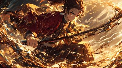 Tanjiro Kamado, Action, Water Breathing, Sword, Demon Slayer: Kimetsu no Yaiba, 5K, AI art