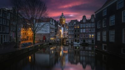 Amsterdam, Aesthetic, Night City, Sunset, Cityscape, Canal, Buildings, Reflection, European, Tourist attraction, Night photography, 5K