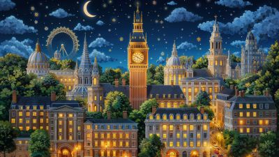 London, Aesthetic, Big Ben, Cityscape, Night City, Night sky, Stars in sky, Crescent Moon, Night illumination, Buildings, 5K, AI art, United Kingdom, England, Europe, Urban, Tourist attraction