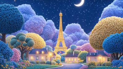 Eiffel Tower, Dreamy, Aesthetic, Night sky, Crescent Moon, Stars in sky, Illuminated, Digital Art, 5K