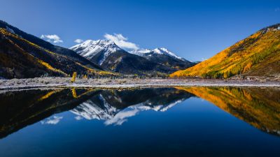 Crystal Lake, Aesthetic, Colorado, Landscape, North America, Outdoor, Mountains, Fall, 5K, Reflections, Clear sky