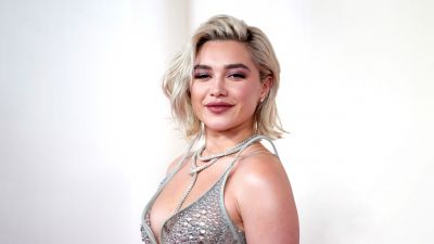 Florence Pugh, Oscars 2024, Smiling, White background, 5K, English actress