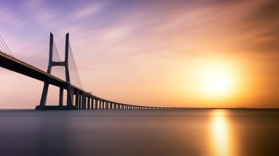 Vasco da Gama Bridge, Lisbon, Portugal, Tagus River, Sunrise, Water, Dawn, Modern architecture, 5K