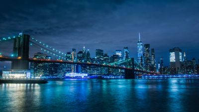 Brooklyn Bridge, Manhattan Skyline, Waterfront, New York, Cityscape, Blue, Night life, Body of Water, Clear sky, Modern architecture, 5K