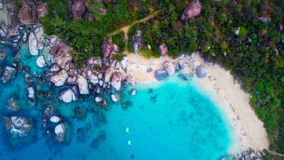 Sea shore, Rocks, Blue Ocean, Aerial view, Sand, Green, Trees