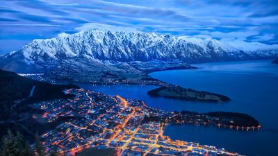 Queenstown, New Zealand, Lake Wakatipu, Snow mountains, Cityscape, Night lights, Blue Sky, Clouds, 5K