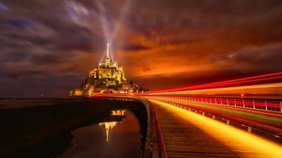 Mont Saint-Michel, France, Cathedral, Monastery, Church, Night time, Light Streaks, Island, Orange, Red, 5K