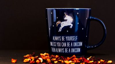 Coffee cup, Blue, Unicorn, Dark background, Always be yourself, Mug, Motivational