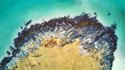 Ytresand beach, Aerial view, Coastline, Rocks, Seashore, Ocean blue, Island