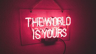 The World is Yours, Neon light, Red background, Neon sign, Glowing