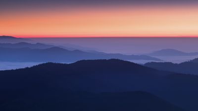 Sunset Orange, Sky view, Mountains, Foggy, Mountain range, 5K