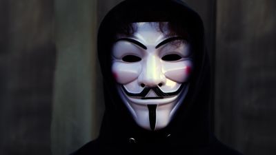 Man in Mask, Anonymous, White masks, Black Hoodie, Guy Fawkes mask, 5K