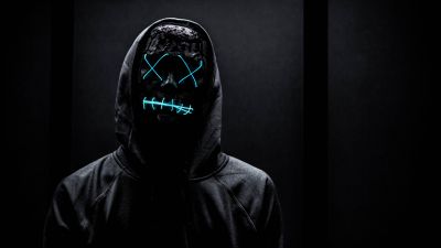 Neon Mask, Man in Black, Dark background, Hoodie, Blue light, 5K