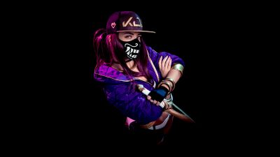 KDA Akali, AMOLED, League of Legends, Cosplay, Black background, Neon, 5K