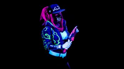 KDA Akali, Neon, League of Legends, Cosplay, Black background, 5K