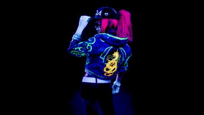 KDA Akali, 5K, Neon, AMOLED, League of Legends, Cosplay, Black background