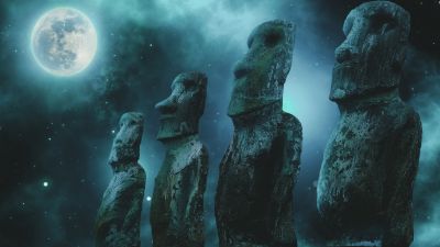 Moai statues, Easter Island, Full moon, Stars, Night sky, 5K, 8K