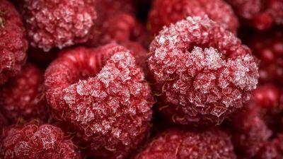 Frozen Raspberries, Red fruits, Closeup, Macro