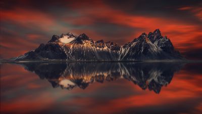 Vestrahorn mountain, Sunset Orange, Lake, Reflection, Scenery, Snow covered, Beautiful, 5K, 8K, Stokksnes