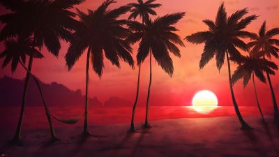 Sunset, Tropical, Trees, Silhouette, Dawn, Warm