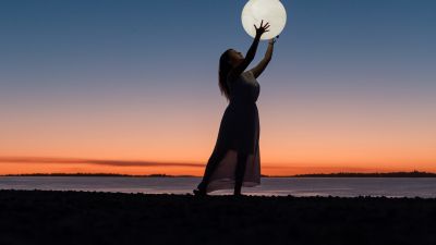 Girl, Woman, Moon, Beach, Sunset