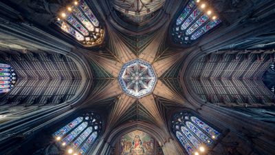 Ely Cathedral, Ancient architecture, Cathedral, Dome, Stained glass, United Kingdom, Indoor, Ceiling, Lights, Patterns, 5K, 8K