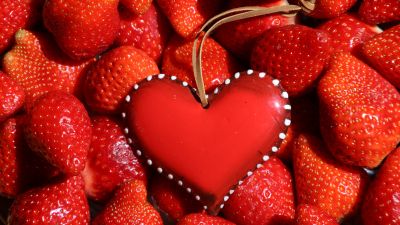 Red heart, Strawberries, Fruits, Fresh, Red background, 5K