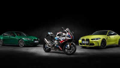 BMW M 1000 RR, BMW M3 Competition, BMW M4 Competition, Race bikes, Sports bikes, 2021, Black background, 5K