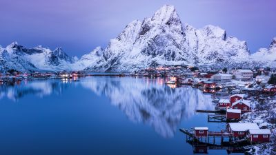 Reine, Lofoten islands, Snow mountains, Glacier, Reflection, Village, Water, Norway, Aesthetic, 5K, 8K