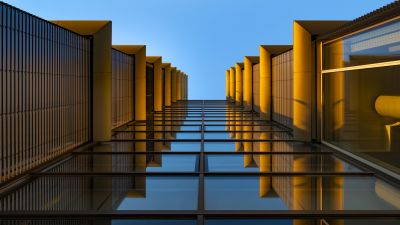 Modern architecture, Look up, Reflection, Glass building, Symmetrical, Blue, Orange, Exterior, Blue Sky, 5K