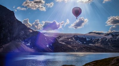 Hot air balloon, Mountains, Lake, Sun rays, Sun light, Clouds, Landscape, Norway, 5K