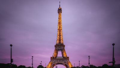 Eiffel Tower, Aesthetic, Paris, France, Evening, Purple sky, Lights, Iconic