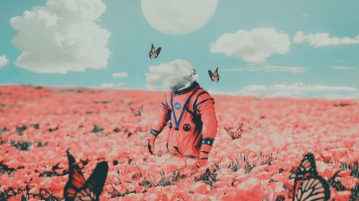 Astronaut, 5K, Surreal, NASA, Flower garden, Butterflies, Moon, Clouds, Space suit