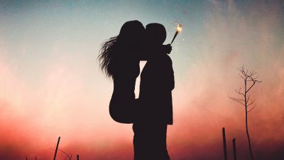 Couple, Backlit, Romantic kiss, Silhouette, Sunset, Pair, Together, Romance, First kiss, Sparklers, Crescent Moon