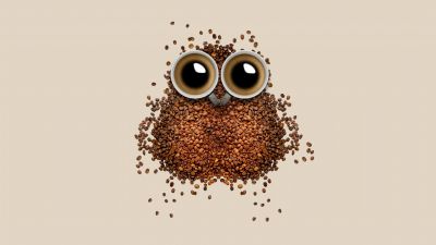 Coffee beans, Owl, Coffee cup, Brown background, Drinks, Caffeine, Beautiful, 5K, 8K, Pastel background, Pastel brown, Brown aesthetic