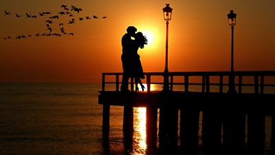 Couple, Orange sky, Romantic kiss, Sunset, Silhouette, Together, Birds, Lanterns, Sea, Reflection