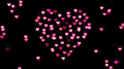 Pink hearts, Black background, Bokeh, Glowing lights, Vibrant, Blurred, Heart shape, Valentine's Day, Love heart, 5K, Dark aesthetic, February