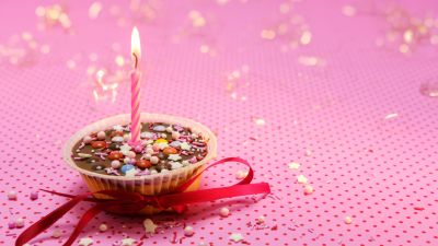 Muffin, Cupcake, Candle light, Red Ribbon, Pink background, Sugar sprinkles, Dessert, Birthday, Aesthetic, 5K