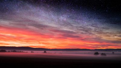 Starry sky, Sunset Orange, Landscape, Fog, Scenery, Clouds, 5K