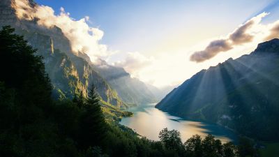 Klöntalersee Lake, Alps, Switzerland, Landscape, Mountains, Sunset, Sun rays, Clouds, Green Trees, Scenery