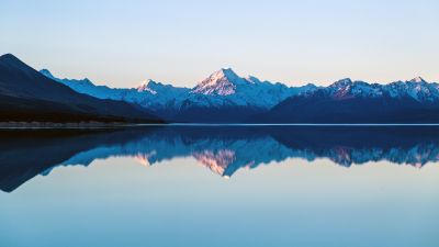 Mount Cook, Lake Pukaki, New Zealand, Sunset, Dusk, Mountain range, Snow covered, Reflection, Landscape, Scenery, 5K