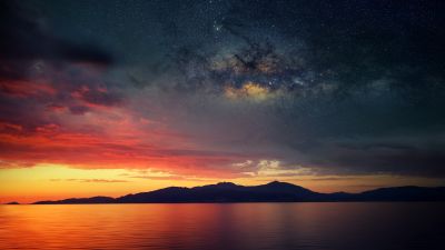 Corsica Island, Sunset Orange, Silhouette, Landscape, Astronomy, Galaxies, Milky Way, Starry sky, Scenery, Mountains