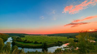 Upa River, Tula Region, Russia, Sunset Orange, Clear sky, Green Meadow, Water flow, Landscape, 5K