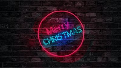 Merry Christmas, Neon, Brick wall, Dark, Colorful, Neon sign, 5K, Navidad, Noel