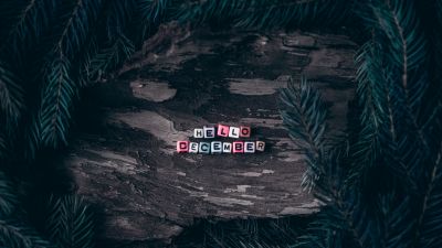 Hello December, Dice, Assorted, Wooden background, Pine branches, Christmas decoration, Letters, 5K