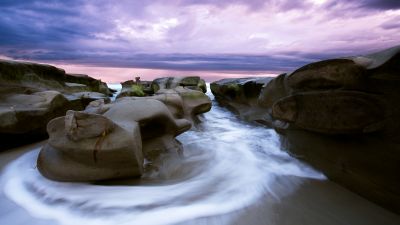 Rocky coast, La Jolla, Sunset, Cloudy Sky, Seascape, Long exposure, Ocean, Beach, Purple sky