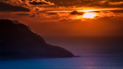 Mallorca Island, Spain, Sunset Orange, Cloudy Sky, Ocean, Dusk, Coastal, Body of Water, Landscape, 5K