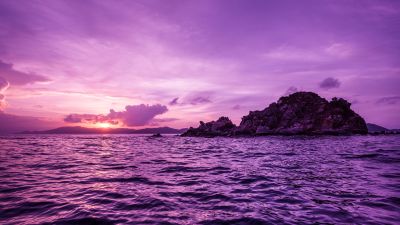 British Virgin Islands, Purple sky, Body of Water, Waves, Sunset, Seascape, Tropical, 5K