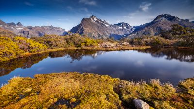 Key Summit, New Zealand, Hiking area, Lake, Reflection, Green Moss, Mountain range, Landscape, Green Trees, Clear sky